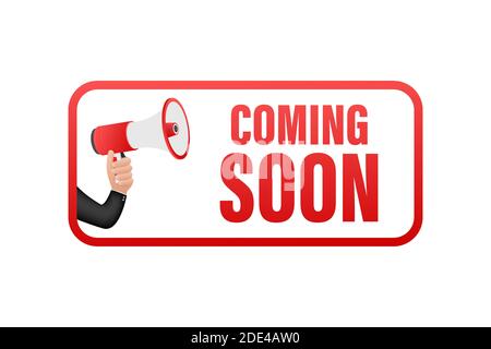 Megaphon Label mit in Kürze. Megaphon-Banner. Webdesign. Vektorgrafik. Stock Vektor