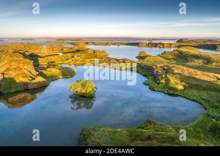 Luftaufnahme von Lavaformationen in Kalfastroend, in grüner Vulkanlandschaft mit einer kleinen Insel im Myvatn See, Skutustaoir, Norourland Eystra Stockfoto