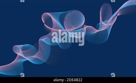 Abstrakte blaue und rosa dynamische Wellen Linie und Partikel Punkte auf blauem Hintergrund. Vektorgrafik Stock Vektor