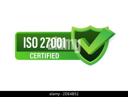 ISO 27001-zertifiziertes Abzeichen, Symbol. Zertifizierungsstempel. Vektor mit flachem Design. Stock Vektor