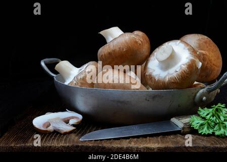 Braune Champignons in Schale mit Messer, Deutschland Stockfoto