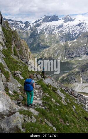 Wanderer auf Wanderweg, Abstieg vom Schönbichler Horn zur Berliner Huette, hinter Schwarzenstein und dem Schwarzensteinkees Gletscher, Berliner Stockfoto