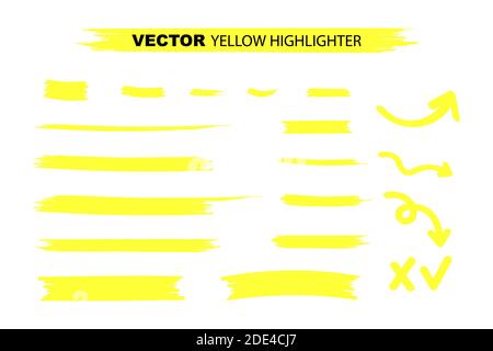 Gelb Textmarker Marker Anschläge. Gelb aquarell Hand gezeichnet Highlight gesetzt. Vector lieferbar Abbildung. Stock Vektor