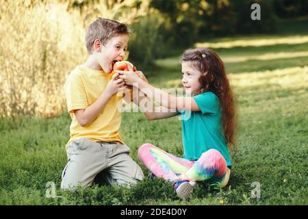 Kaukasische Kinder Jungen und Mädchen Geschwister zusammen sitzen, die gemeinsame Nutzung von Apple. Zwei Kinder Bruder und Schwester Essen süße Frucht im Park im Sommer Tag. Beste fr Stockfoto