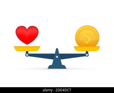 Liebe ist Geld auf Waage Symbol. Geld und Liebe Balance auf Skala. Vektorgrafik Stock Vektor