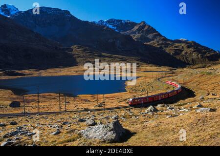 Rhätische Bahn auf dem Berninapass, Lago Bianco, Lej Nair, Graubünden, Schweiz Stockfoto