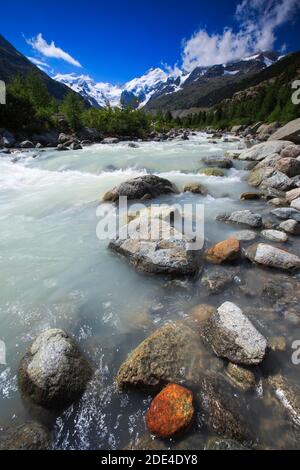 Morteratschtal, Piz Palue, 3905 m, Piz Bernina, 4049 m, Biancograt, Morteratschgletscher, Graubünden, Schweiz Stockfoto