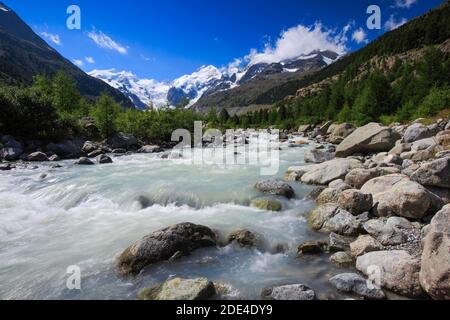 Morteratschtal, Piz Palue, 3905 m, Piz Bernina, 4049 m, Biancograt, Morteratschgletscher, Graubünden, Schweiz Stockfoto