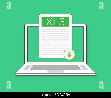 Download XLS-Taste auf Laptop-Bildschirm. Dokumentkonzept wird heruntergeladen. Datei mit XLS-Etikett und Pfeil nach unten. Vektorgrafik. Stock Vektor