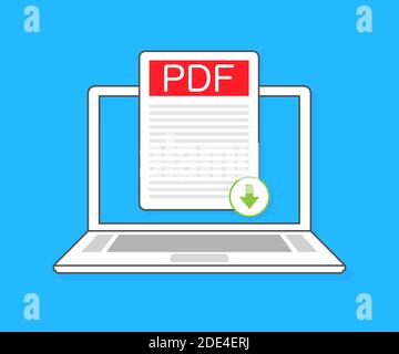 Download PDF-Taste auf Laptop-Bildschirm. Dokumentkonzept wird heruntergeladen. Datei mit PDF-Etikett und Pfeil nach unten. Vektorgrafik. Stock Vektor