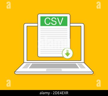 CSV-Taste auf Laptop-Bildschirm herunterladen. Dokumentkonzept wird heruntergeladen. Datei mit CSV-Label und Pfeil nach unten. Vektorgrafik. Stock Vektor