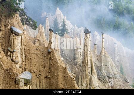 Erdpyramiden bei Perchau im Nebel, Südtirol, Italien Stockfoto