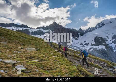 Wanderer vor schneebedeckten Berggipfeln, Furtschaglspitze und Grosser Moeseler, Aufstieg zum Schönbichler Horn, Furtschaglkees Gletscher, Berliner Stockfoto