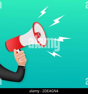 Menschliche Hand mit Megaphon. Social Media Marketing Konzept. Vektorgrafik. Stock Vektor