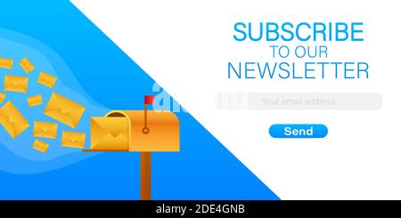 E-Mail abonnieren, online Newsletter vektor Vorlage mit Mailbox und absenden. Vector lieferbar Abbildung. Stock Vektor
