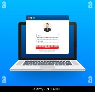 Anmelden beim Konto, Benutzer, die Authentifizierung bei der Anmeldung Seite Konzept. Laptop mit Login und Passwort Seite Formular auf dem Bildschirm. Vector lieferbar Stock Vektor