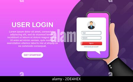 Anmelden bei Konto, Benutzerautorisierung, Login Authentifizierung Seitenkonzept. Smartphone mit Login und Passwort Formularseite auf dem Bildschirm. Vektormaterial Stock Vektor