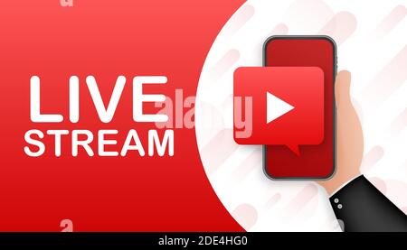 Live Stream flaches Logo - roter Vektor Design-Element mit Play-Taste. Vektorgrafik Stock Vektor