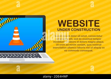Auf der Webseite wird gerade gebaut, Schild am Laptop. Vektor-Illustration für Website. Stock Vektor