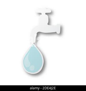 Vektor-Illustration schwarze Linie von Hand von blauen Tropfen Wasser auf Wasserhahn geschnitten Papier mit Schatten isoliert auf weißem Hintergrund gezeichnet. Papierkunst Stock Vektor