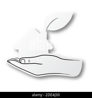 Vektor-Illustration schwarze Linie Hand gezeichnet von Hand auf Haus-und Blatt-Form geschnitten Papier mit Schatten isoliert auf weißem Hintergrund. Papierkunst Stock Vektor