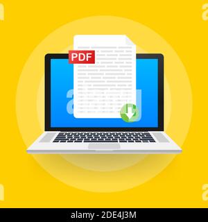Download PDF-Taste auf Laptop-Bildschirm. Dokumentkonzept wird heruntergeladen. Datei mit PDF-Etikett und Pfeil nach unten. Vektorgrafik. Stock Vektor