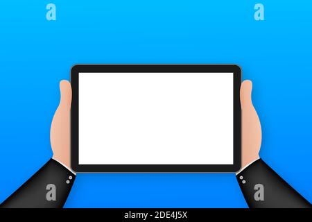 Hand auf Tablet im Cartoon-Stil. Mit einem digitalen Tablet-pc. Vektorgrafik. Stock Vektor