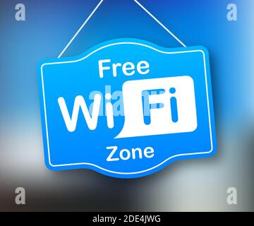 Kostenloses blaues Symbol für WiFi-Zone. Kostenloses WiFi hier Zeichen Konzept. Vektorgrafik. Stock Vektor