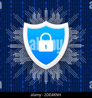 Cyber Security Vektor logo mit Schild und Haken. Security Shield Konzept. Sicherheit im Internet. Vector Illustration. Stock Vektor