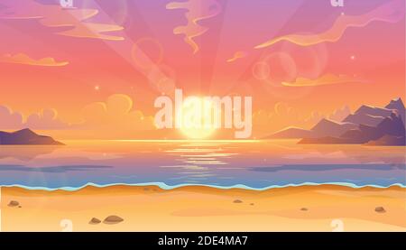 Vektor-Cartoon-Illustration der Ozeanlandschaft bei Sonnenuntergang oder Sonnenaufgang mit schönen rosa Himmel und Sonnenreflexion über dem Wasser. Schöne Natur mit b Stock Vektor