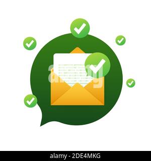Umschlag und Dokument mit grünem Häkchen geöffnet. Bestätigungs-E-Mail. Vektorgrafik. Stock Vektor
