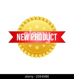 Neues Produkt auf Gold-Etikett. Produktwerbung, Verkauf. Bannerverkauf. Vektorgrafik. Stock Vektor