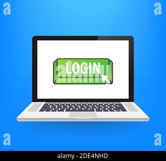 Login-Taste Laptop auf blauem Hintergrund. Design von Website-Vorlagen. Klicken Sie auf die Schaltfläche. Vektorgrafik. Stock Vektor