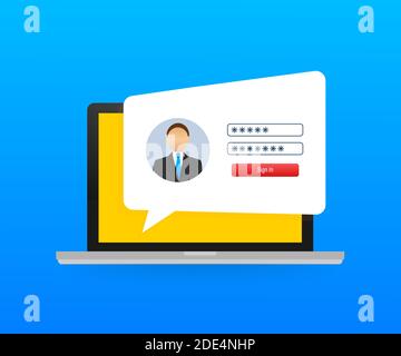 Anmeldeseite auf dem Laptop-Bildschirm. Notebook und Online-Anmeldeformular, Anmeldeseite. Benutzerprofil, Zugriff auf Kontokonzepte. Vektorgrafik. Stock Vektor