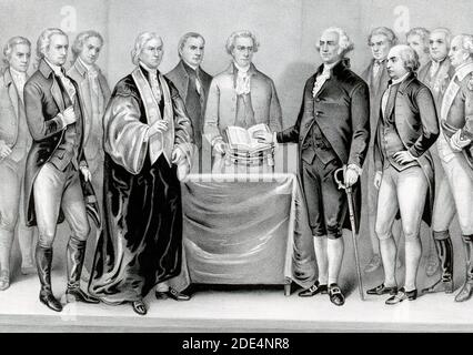 Die amtseinführung von Washington als erster Präsident der Vereinigten Staaten von Amerika, 30. April 1789; am alten Rathaus, New York Stockfoto