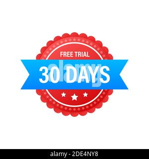 30 Tage kostenloses Testetikett, Abzeichen, Aufkleber. Software-Werbeaktionen für kostenlose Downloads. Es kann für die Anwendung verwendet werden. Vektorgrafik. Stock Vektor