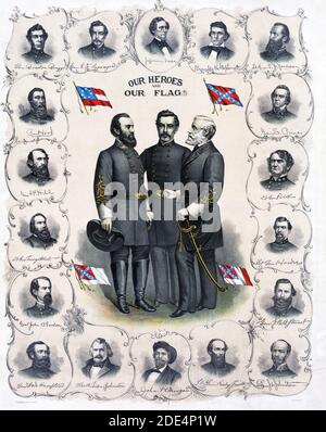 Drucken mit voller Länge Porträts von Robert E. Lee, Stonewall Jackson und G.T. Beauregard mit vier Versionen der Confederate Flag durch Büste Porträts von Jefferson Davis und Konföderierten Offizieren umgeben. Stockfoto