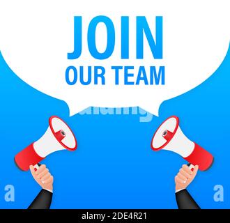 Megaphone Hand, Geschäftskonzept mit Text in unserem Team. Vektorgrafik. Stock Vektor