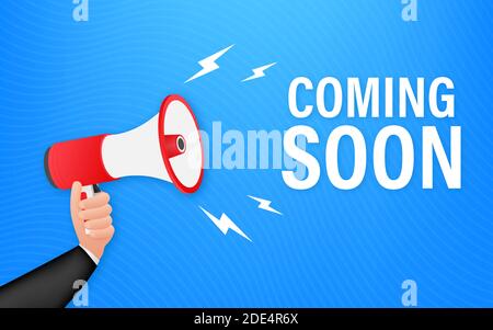 Megaphon Label mit in Kürze. Megaphon-Banner. Webdesign. Vektorgrafik. Stock Vektor