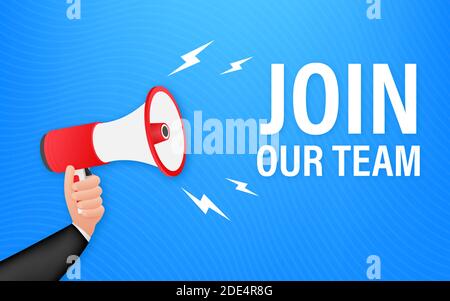Megaphone Hand, Geschäftskonzept mit Text in unserem Team. Vektorgrafik. Stock Vektor