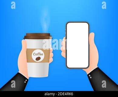 Einweg-Kaffeetasse in der Hand und Smartphone. Vektorgrafik. Stock Vektor