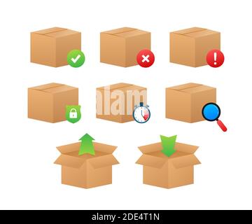 Symbol für den Standardschritt „Paketbetreuung“ des Zustelldienstes. Versicherung und Rückgabe des Produkts. Vektorgrafik. Stock Vektor