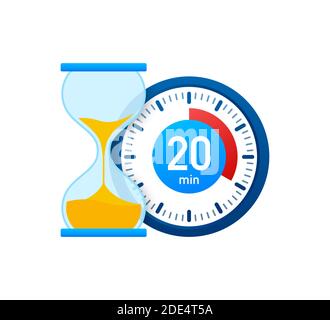 Das Vektorsymbol für die Stoppuhr für 20 Minuten. Stoppuhrsymbol in flacher Ausführung, Timer auf farbigem Hintergrund eingeschaltet. Vektorgrafik. Stock Vektor