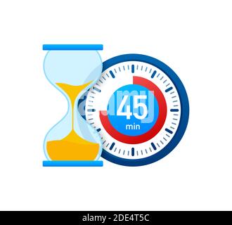 Das Vektorsymbol für die Stoppuhr für 45 Minuten. Stoppuhrsymbol in flacher Ausführung, Timer auf farbigem Hintergrund eingeschaltet. Vektorgrafik. Stock Vektor