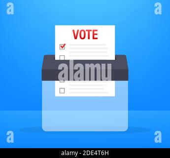 Hand legt das Abstimmungsbulletin in das Abstimmungsfeld. Abstimmungskonzept. Wahlurne. Vektorgrafik. Stock Vektor