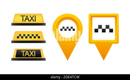 Taxi flaches Dach Schild. Symbol Taxi-Schild auf blauem Hintergrund setzen. Taxistand auf dem Dach des Autos. Vektorgrafik. Stock Vektor