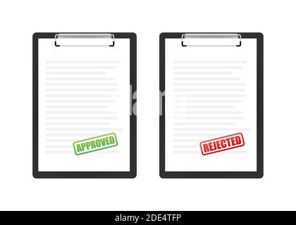 Genehmigter und abgelehnter Stempel auf Dokument, grüne und rote Farbe. Vektorgrafik. Stock Vektor