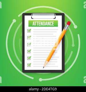 Anwesenheitsliste mit Checkliste. Geschäftsmann, der das Dokument hält. Fragebogen, Umfrage. Vektorgrafik. Stock Vektor