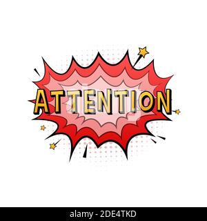 Comic Sprechblasen mit Text Aufmerksamkeit. Vintage Cartoon Illustration. Symbol, Aufkleberetikett, Sonderangebotschild, Werbeplakette. Vektormaterial Stock Vektor