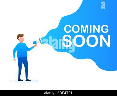 Megaphon Label mit in Kürze. Megaphon-Banner. Webdesign. Vektorgrafik. Stock Vektor